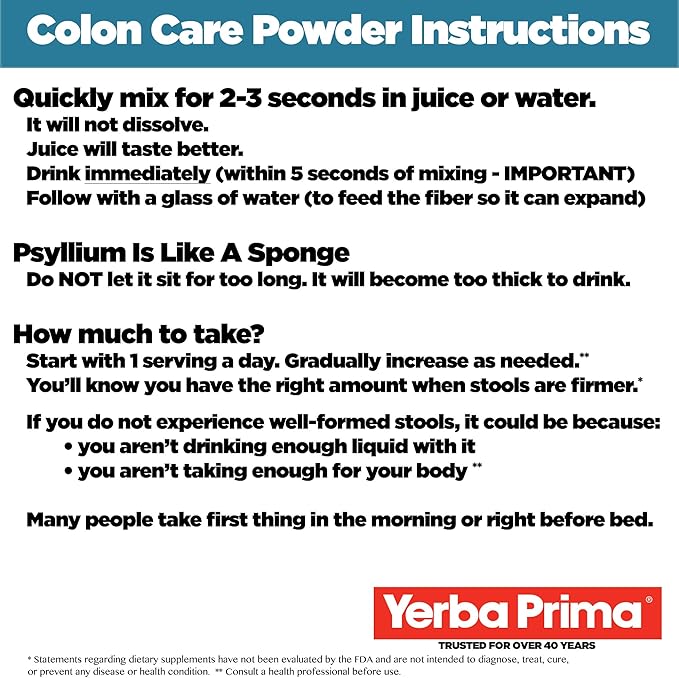 Yerba Prima Prebiotic Colon Care Formula 20 oz Powder (Pack of 2) with FOS - Natural Psyllium Fiber Magnesium Selenium - Non-GMO Gluten Free Vegan Daily Supplement - for Men &amp Women