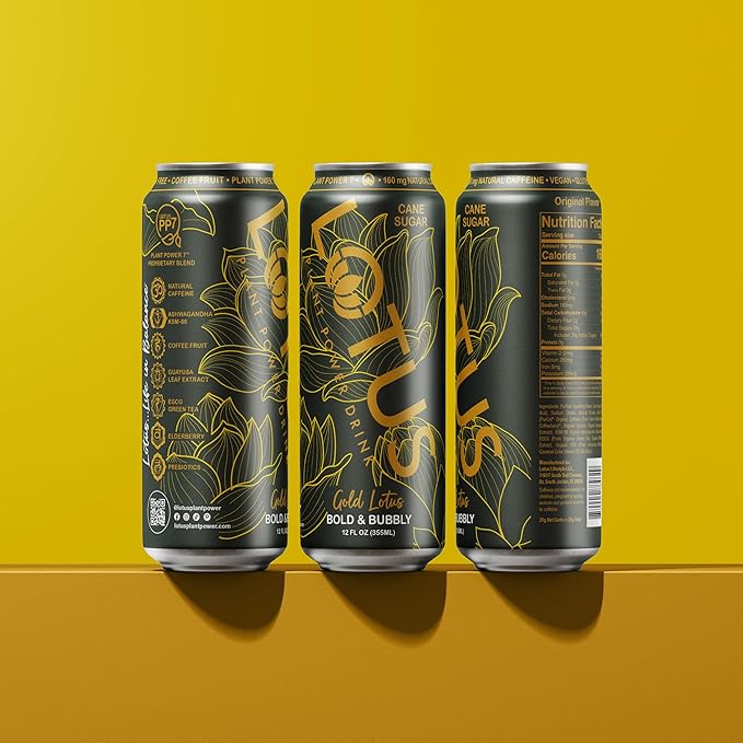Gold Lotus Plant Power Drink™ | Pure Cane Sugar | 160 mg Natural Caffeine from Green Coffee Bean | Plant-Based Ingredients | 12 oz Cans | 12 Count