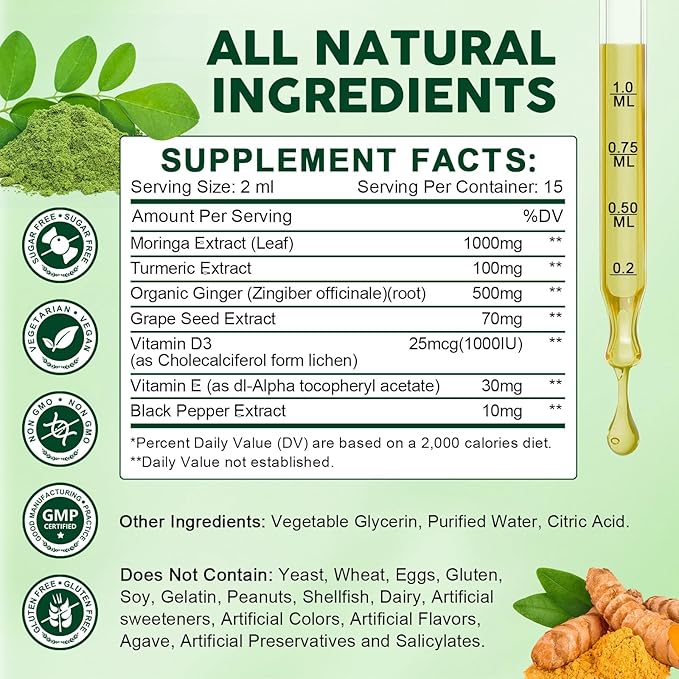 (2 Pack) Organic Moringa Liquid Drops Moringa Supplement with Turmeric Black Pepper Grape Seed Extract Pure Moringa Oleifera Leaf Extract for Skin Gut Immune Support More Potency Than Powder