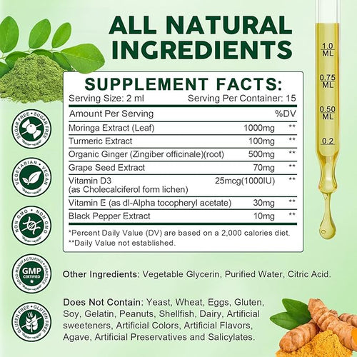 (2 Pack) Organic Moringa Liquid Drops Moringa Supplement with Turmeric Black Pepper Grape Seed Extract Pure Moringa Oleifera Leaf Extract for Skin Gut Immune Support More Potency Than Powder