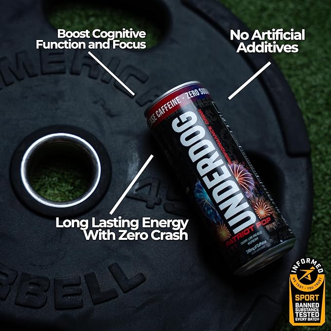 Underdog Performance Energy Drink Patriot Pop Nootropics Green Tea Extract Citrulline Clean Sugar Free Fast &amp Slow Release 249mg Caffeine per Serving No Artificial Additives 12 Pack