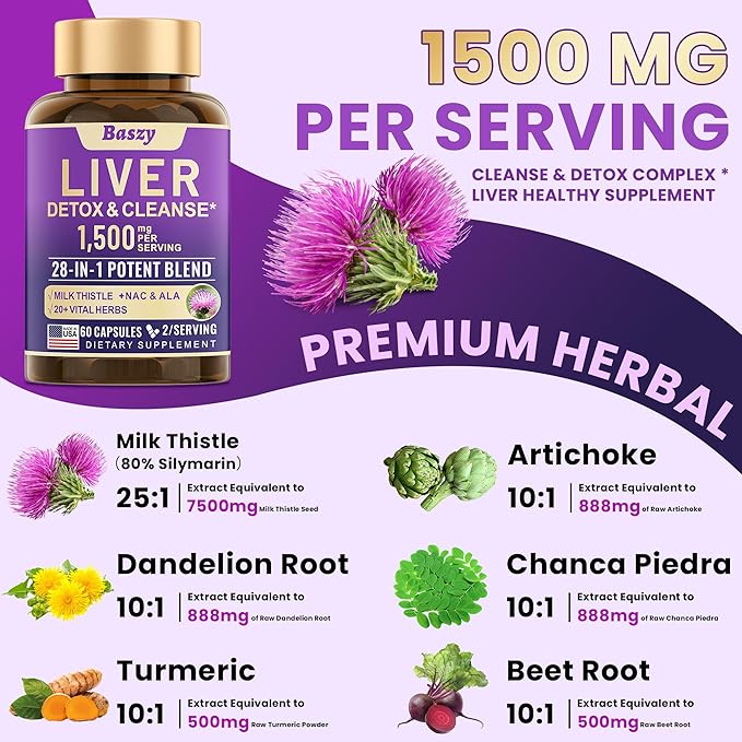 28-in-1 Liver Cleanse Detox &amp Repair - 1500mg Liver Health Support with Milk Thistle Dandelion Root Artichoke Extract and 20+ Herbal Liver Support Supplements - Made in USA - 60 Capsules