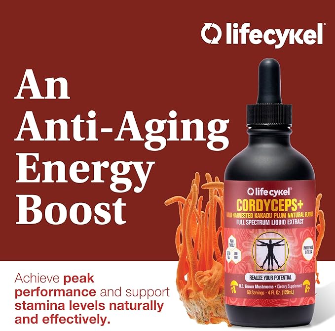 Lifecykel Cordyceps Mushroom Extract w/Kakadu Plum- Natural Energy Supplement for Fatigue &amp Stamina- Mycelium Vitamin C Antioxidants Non-GMO Organic Mushrooms Made in US 2 Fl oz (Packaging May Va