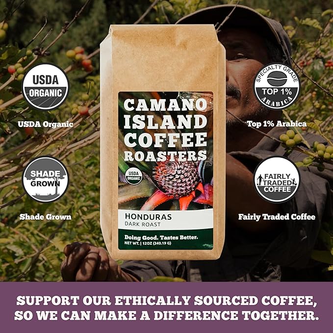 Camano Island Coffee Roasters Honduras Dark Roast Ground 12oz Fresh Small Batch Roasted USDA Organic Fairly Traded Shade Grown Top 1% Arabica - Molasses Brown Sugar Cinnamon Flavor