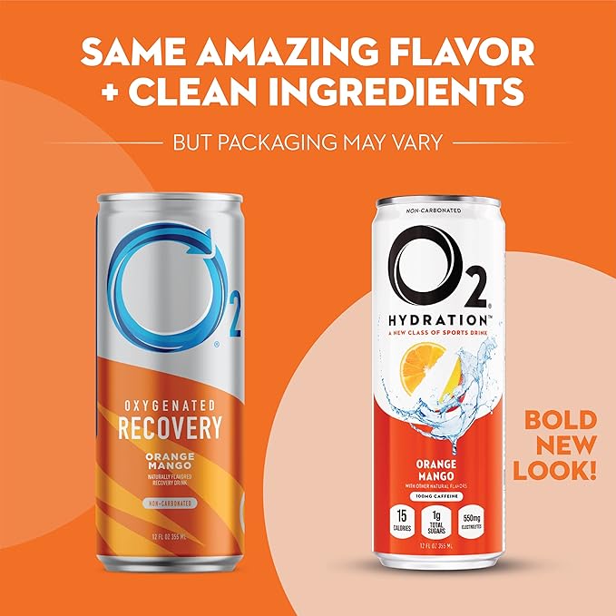 O2 Orange Mango Post Workout Recovery Drink - Caffeinated Electrolyte Drink for Daily Hydration