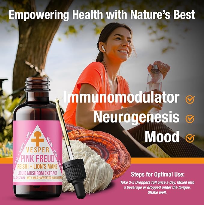 Vesper Pink Freud Mushroom Liquid Extract - Reishi &amp Lion’s Mane Blend with Wild Huckleberries for Immunomodulation Neurogenesis and Mood Support USA-Grown for Calm &amp Mental Clarity – 4oz