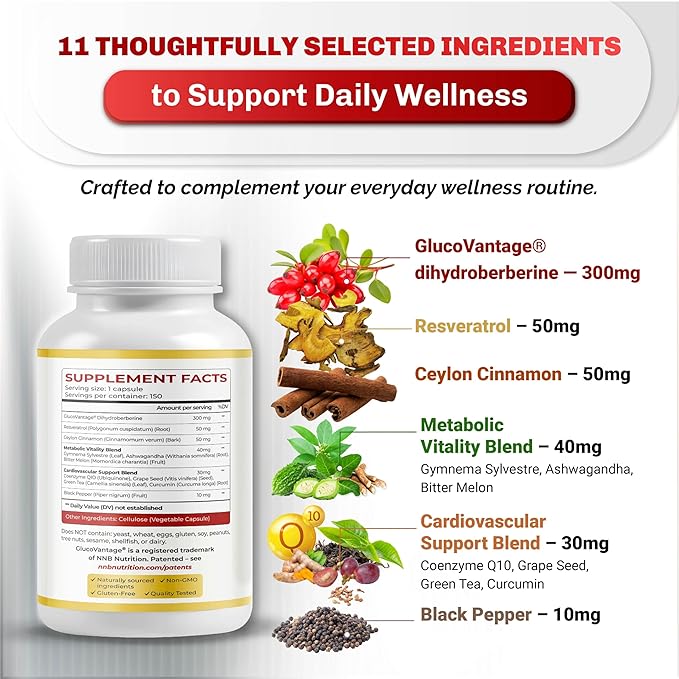 Dihydroberberine - Super Berberine - Patented GlucoVantage 810mg - 5X Absorption - with Resveratrol Cinnamon Grape Seed Extract- Support Metabolism Digestion