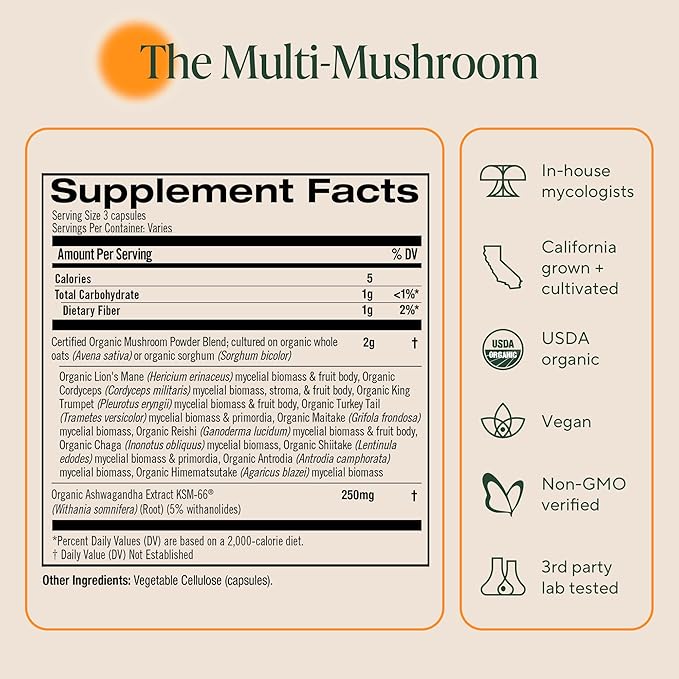 Om Master Blend Mushroom Capsules - Organic Mushroom Supplement with 10 Mushrooms and Ashwagandha – Supports Immunity Gut Health &amp Stress Relief 168 Count (56 Servings)