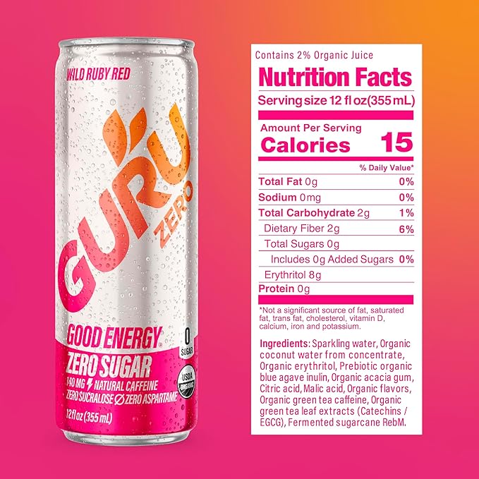 GURU ZERO SUGAR Wild Ruby Red Organic Energy Drinks Clean Energy Drink with Plant Based Natural Caffeine from Green Tea Coconut Water Prebiotic Zero Added sugars Gluten Free and Vegan Pre Workou