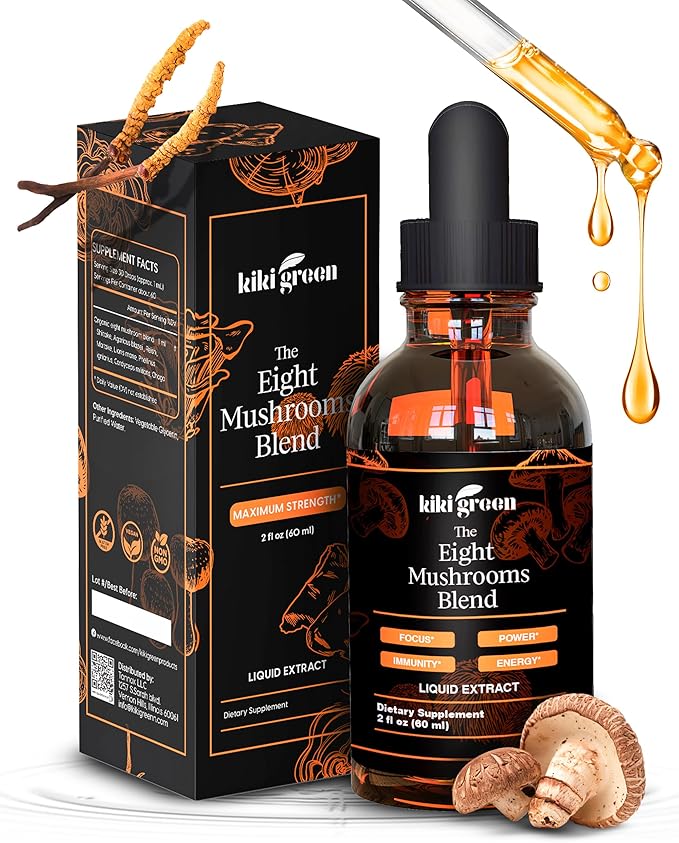 Kiki Green 8 Mushrooms Liquid Extract Drops - Adaptogenic Complex for Cognitive Support Immunity Boost - Lions Mane Supplement Cordyceps Chaga Reishi Shiitake Maitake Red Reishi