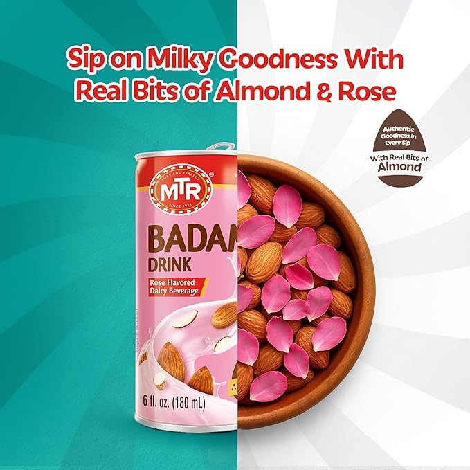 MTR Badam Drink - Rose Flavored Ready-to-Drink - Authentic Indian Almond Milk Beverage Real Bits of Almond No Added Preservatives Gluten-Free Refreshing Drink Perfect for Anytime Refreshment Pa