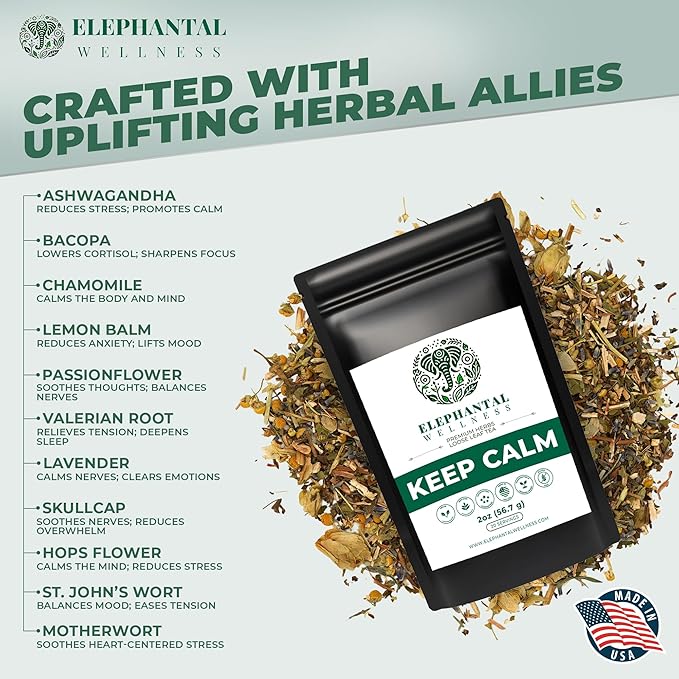 Elephantal Wellness Keep Calm Herbal Tea | Stress Relief &amp Mood Support with Ashwagandha Lemon Balm Chamomile Valerian &amp St. John’s Wort | Handmade Caffeine-Free Loose Leaf Blend | 2oz 20