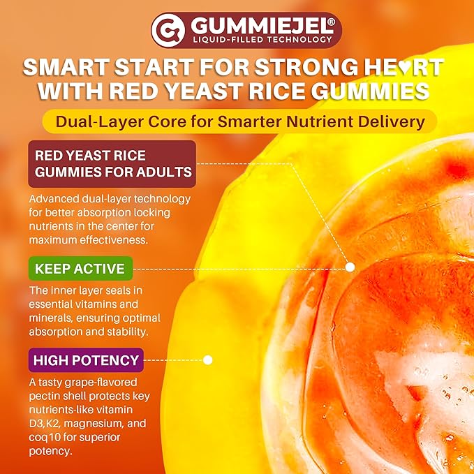 Red Yeast Rice Gummies 2400MG with CoQ10 Suagr Free Balanced Chṏlesterṏl Supplements Plus Citrus Bergamot Plant Sterols &amp Stanols Supports Vḁsculḁr Health Energy Immunity for Age 50+Vegan60
