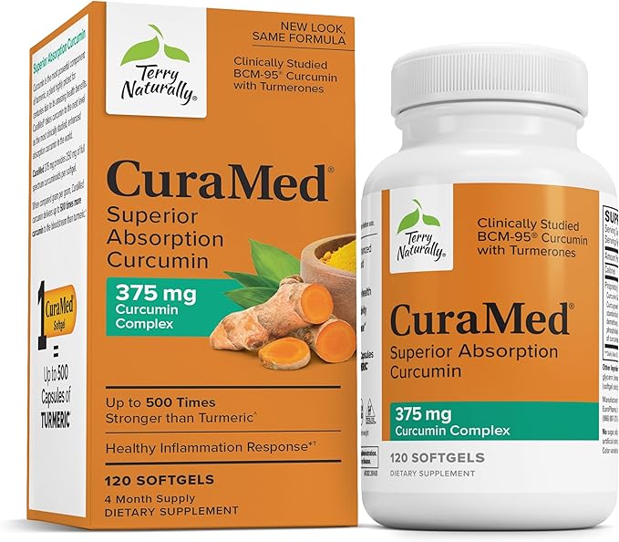 Terry Naturally CuraMed 375mg - Antioxidant Supplement for Brain &amp Immune Health Support - Dietary Supplement with Curcumin &amp Turmeric Essential Oil - Herbal Liver Support - 120 Softgels