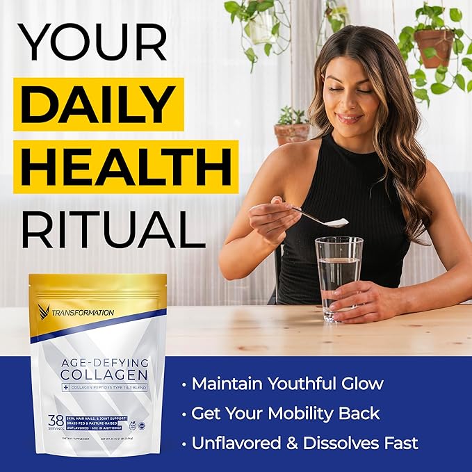 Transformation Grass-Fed Hydrolyzed Collagen Peptides Powder | Multi Types 1 &amp 3 | Keto Friendly | Hair Skin Nails + Organic Super Greens Superfood Powder - Immune &amp Energy Support