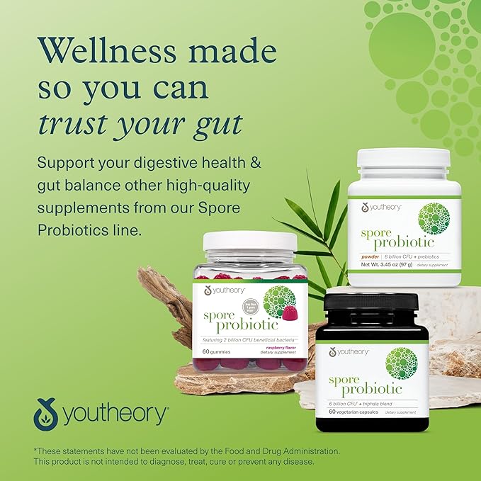 Youtheory Spore Probiotic - Helps Gut Health* - 6 Billion CFU with Prebiotics - Supports Regular Bowel Movement &amp Diarrhea Relief* - Shelf Stable - 60 Vegetarian Capsules (30-Day Supply)