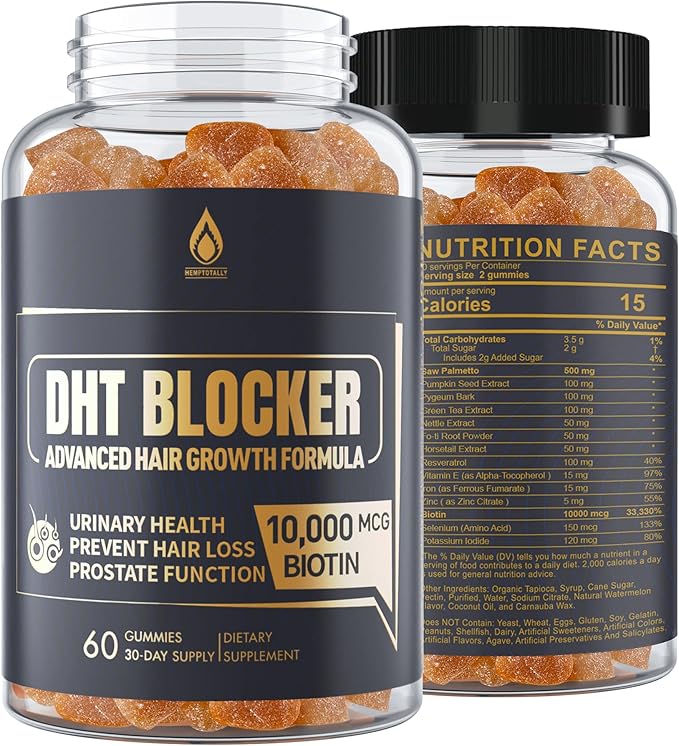 DHT Blocker Gummies Hair Growth Supplement Super Potency Saw Palmetto &amp Biotin 10000 mcg for Women &amp Men Plus 12 Proprietary Blend - Prevent Hair Loss Blocking DHT Receptors Hormonal Balan