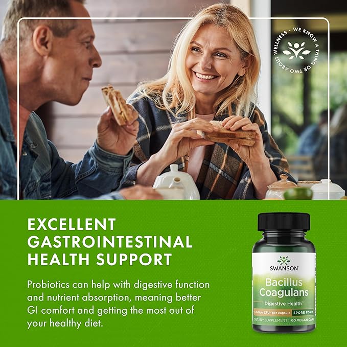 Swanson Bacillus Coagulans Spore-Form Probiotic for Adults Seeking Shelf-Stable Digestive Support with 6 Billion CFU - Acid-Resistant (60 Vegan Capsules 4 Pack)