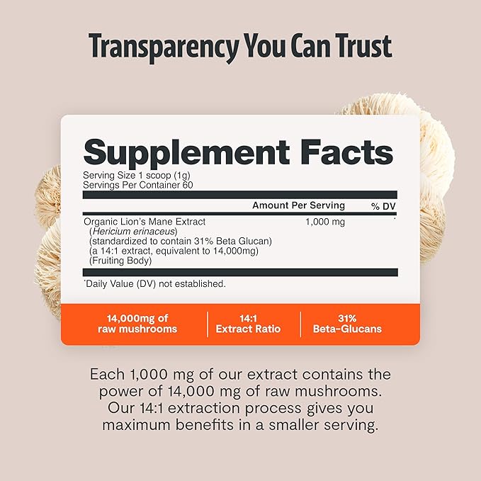 FreshCap Mushrooms Ayurveda Organic Lions Mane Powder 14000mg - Lions Mane Extract Mushroom Supplement for Focus &amp Memory Lions Mane Supplement Powder (60 Servings)