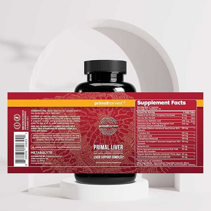 Primal Harvest Primal Liver Liver Supplement with Alpha-Lipoic Acid L-Cysteine HCL L-Glutathione Milk Thistle and Spirulina for Men and Women 120 Capsules