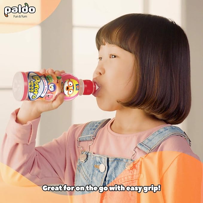 Paldo Fun &amp Yum Pororo Kids Peach Flavor Drink Pack of 8 Fruit Juice Drinks with Comfortable Push-Pull Sports Cap Perfect Drink for Children 7.95 fl oz. x 8