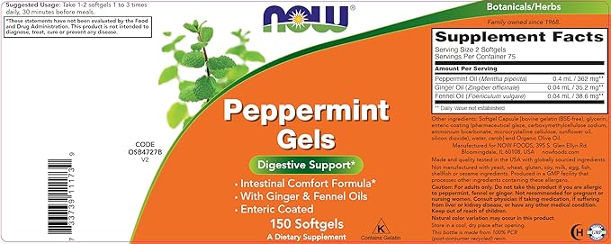 Now Peppermint Gels with Ginger Oil and Fennel Oil 150 Softgels (Pack of 2) Enteric Coated