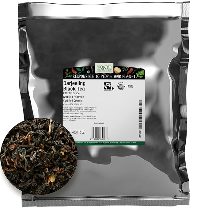 Frontier Co-op Organic Darjeeling Black Tea 1-pound Bulk Bag Highest Grade Orange Pekoe Leaves Kosher Fair Trade