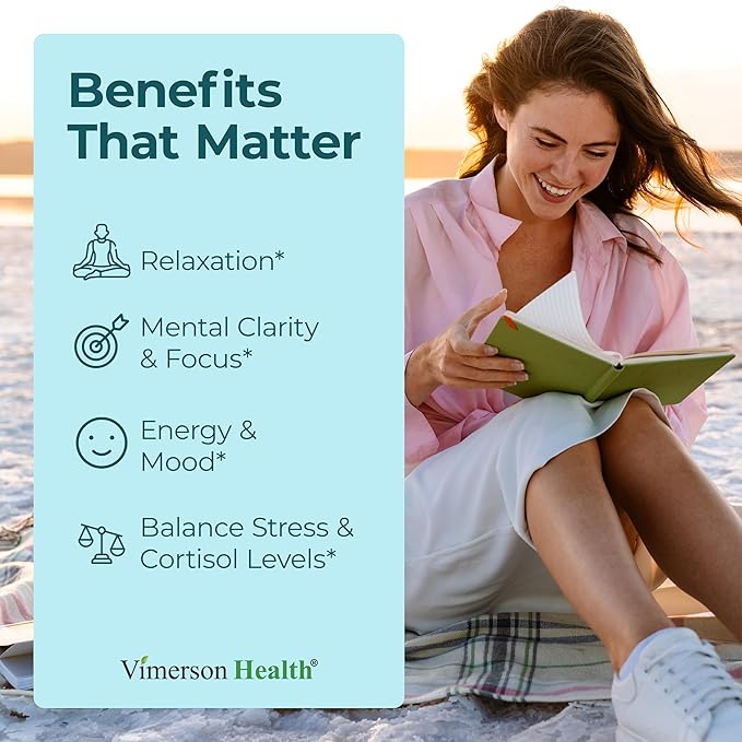 Stress Relief Supplement with 5HTP Ashwagandha Valerian St John’s Wort GABA Chamomile &amp B-Vitamins - Promotes Relaxation Sleep Calm &amp Balanced Mood Energy &amp Focus. Vegan Non-GMO