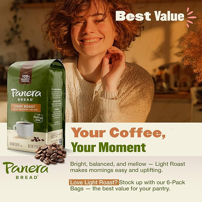 Panera Light Roast Ground Coffee 100% Arabica Sustainably Sourced – Smooth Bright &amp Balanced Flavor – Clean Label No Artificial Ingredients – Kosher Gluten-Free 12oz Bag Pack of 6 (72oz Total