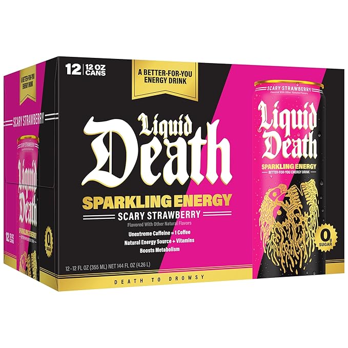 Liquid Death Sparkling Energy - Scary Strawberry Zero Sugar Energy Drink Unextreme Caffeine 100mg Essential Vitamins 12 Fl Oz (Pack of 12)