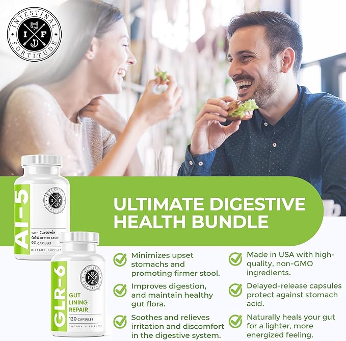 Intestinal Fortitude AI-5 &amp GLR-6 Digestive Health Supplement Bundle w/Glutamine Turmeric Curcumin for Gut Health Capsule Supplement &amp Support Digestive Health Non-GMO Dairy Free - 30-Day