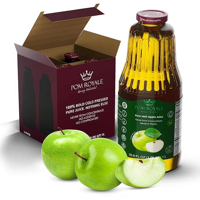 Pure Apple Juice 33.8oz Glass Bottle (Pack of 4) Cold Pressed Juice Not from Concentrate Non-GMO No Sugar Added Gluten Free Kosher Certified Preservative Free