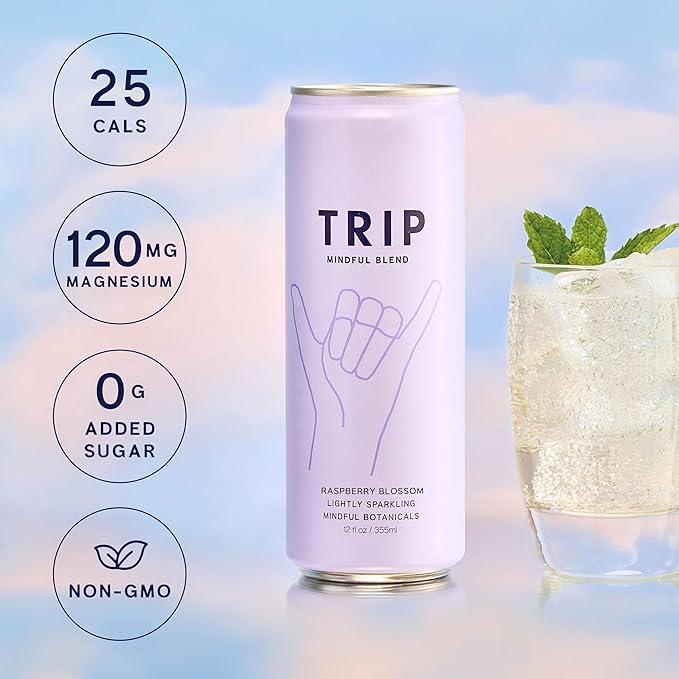 TRIP Lightly Sparkling Adaptogen Drink Non Alcoholic Drink with Magnesium Ashwagandha Lions Mane &amp L Theanine No Added Sugar Mocktail Vegan Raspberry Blossom 12 Oz 12Pk