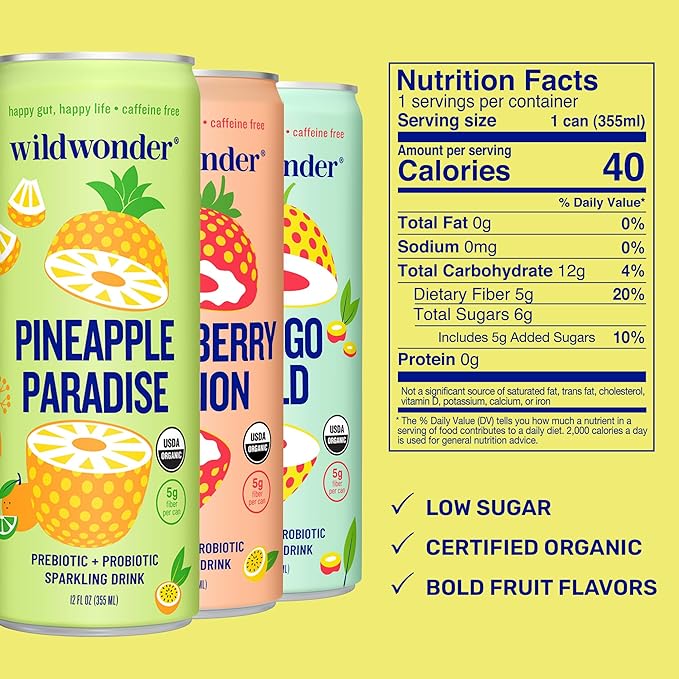 wildwonder Sparkling Probiotic Drink 12pk For Gut Health &amp Immune Support Tropical Vibes Variety 5g Prebiotic Fiber Live Probiotics Organic Vegan Low Sugar 12Pack 12oz Can Seen on Shark