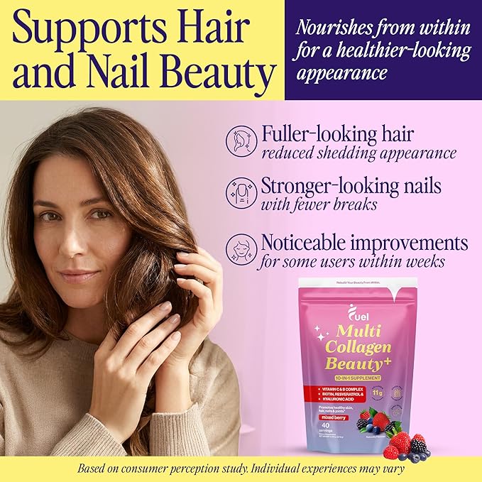 Fuel Multi Collagen Peptides Powder – 11g Hydrolyzed Collagen Types I II III V &amp X – Hair Skin Nails &amp Joint Support – Keto &amp Gluten Free – Mixed Berry – 40 Servings (9.59oz)