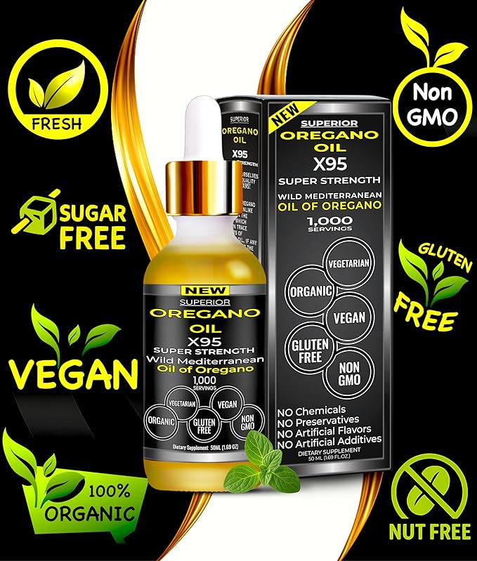 Organic Oregano Oil Drops - 1000 Servings 12 Month Supply Wild Oil of Oregano 9X Carvacrol Immune &amp Digestive Support Non-GMO Food Grade Herbal Supplement Alternative to oil of Oregano Tinc