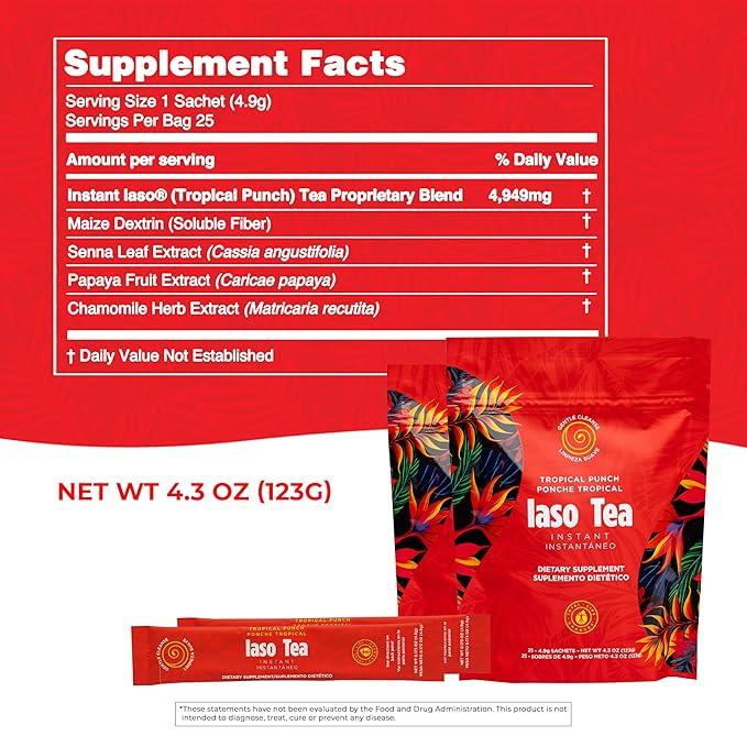 Iaso Instant Tea (Tropical Punch) - Fruity Cleansing Drink for Digestive Support Refreshing Flavor - 25 Sachets Pack of 2