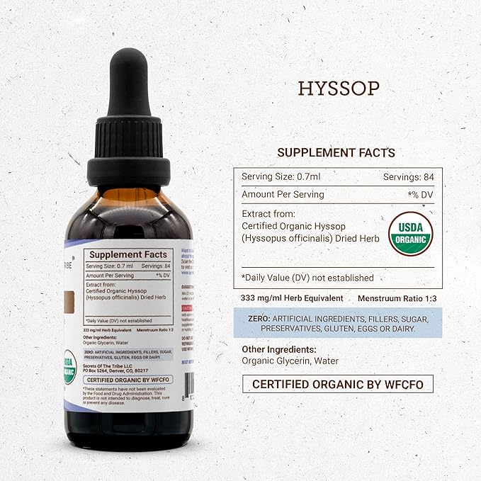 Hyssop USDA Organic | Alcohol-Free Extract High-Potency Herbal Drops | Made from 100% Certified Organic Hyssop (Hyssopus officinalis) Dried Herb (2 oz)