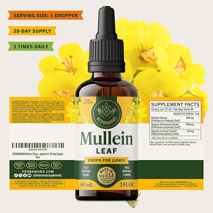 HERBAMAMA Mullein Drops for Lungs - Vegan Lung Cleanse with Mullein Leaf Extract Echinacea Tincture &amp Licorice - Non-GMO Alcohol &amp Sugar-Free Respiratory Support Supplement - 28-Day Supply