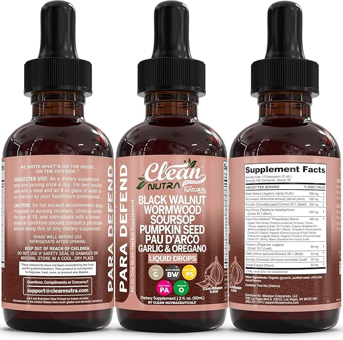 para Defend Wormwood Black Walnut Cleanse for Humans Drops Liquid Soursop Garlic Pumpkin Seed PAU D'Arco Oil of Oregano Turmeric Berberine Neem Extract Hull Bark Tincture by Clean Nutra