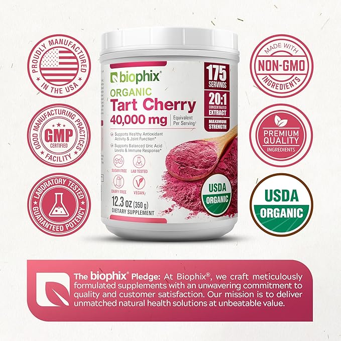 biophix Tart Cherry Powder Organic USDA 20:1 Extract 12.3 oz 350 g - Antioxidant-Rich Superfood - Supports Heart Health - Digestive Health - Natural Flavor - No Sugar Added
