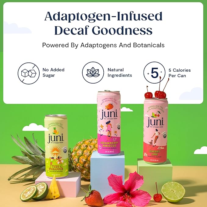 Juni Sparkling Adaptogen Drink with Ashwagandha Lion’s Mane &amp Reishi Mushrooms | Green Tea for Focus Zero Sugar 5 Calories | Decaffeinated Non Alcoholic Drinks - Yuzu Pineapple 12 pack