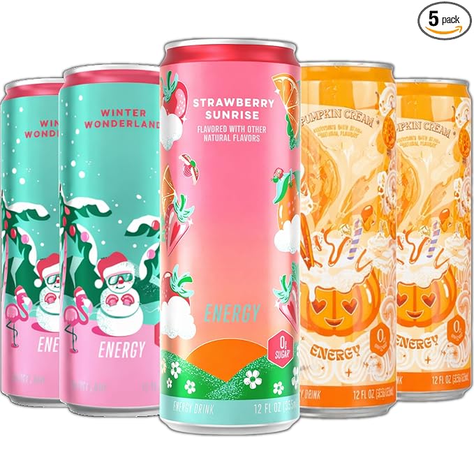 Alanni Sugar Free Energy Drink Variety Pack – Clean Energy Zero Calories 12 Fl Oz Cans - Strawberry Sunrise Winter wonderland Pumkin Cream (Pack of 5)