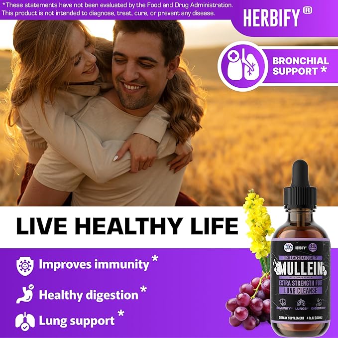 HERBIFY Mullein Drops - Lung Cleanse - Leaf Extract - Powerful Mullein for Immune Support Detox &amp Respiratory Support - Made in USA - Herbal Supplements - 4 Oz Grape Flavor