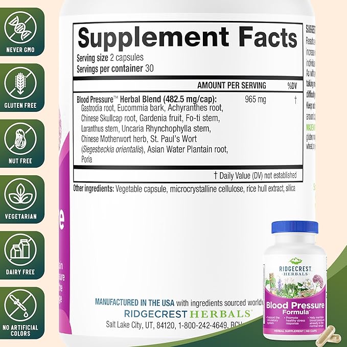 RidgeCrest Herbals Blood Pressure Herbal Formula 12 Herbs Poria Mushroom Gastrodia Gardenia for Heart Vascular Circulation Health (60 Count (Pack of 1))