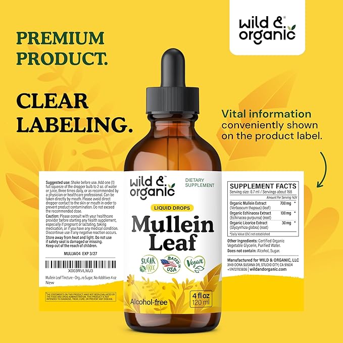 Wild &amp Organic Mullein Drops for Lungs - Herbal Cleanse and Detox - Liquid Mullein Leaf Extract for Lungs with Echinacea - Verbascum Thapsus Tincture - Vegan Sugar &amp Alcohol-Free Supplement -