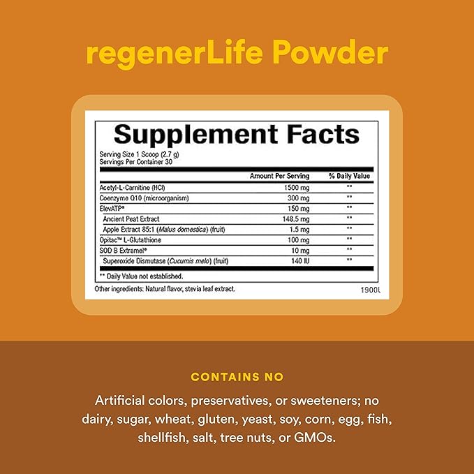 Natural Factors RegenerLife Powder - Supports Cellular Energy &amp Fatigue* - Mitochondria Support Drink Mix - Non-GMO - Tropical Flavor - 2.86 oz