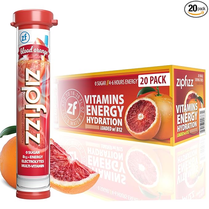 Zipfizz Daily Energy Drink Powder Blood Orange 20 Pack | 3-in-1 Sustained Energy Rapid Hydration and Essential Vitamins | Sugar-Free | Electrolyte Powder | Contains Vitamin B-12 &amp Antioxidants