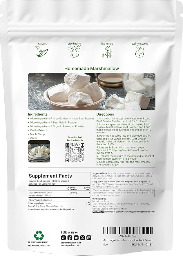 Micro Ingredients Organic Marshmallow Root Powder 8 Ounce Filler Free and Traditionally Used Supports Digestive Gastrointestinal Health Non-Irradiated and No GMOs Vegan Friendly
