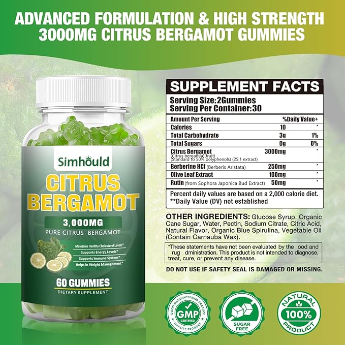2 Pack Citrus Bergamot Gummies -3000MG Citrus Bergamot Extract Cholesterol Lowering Supplement for lmmune Support Healthy Anti-Aging Hight Cholesterol Vegan Gummy 120 Counts Lime Flavor